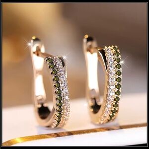 NEW GOLD GREEN PERIDOT HALO HOOP EARRINGS